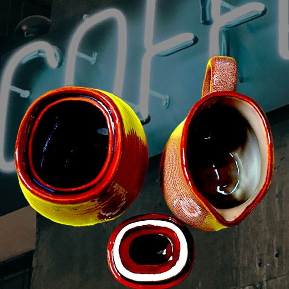 Vtg 70's Sango Roma Caramel Stoneware 4933 Coffee Creamer Sugar Bowl Lid 3PC Set - Picture 3 of 11